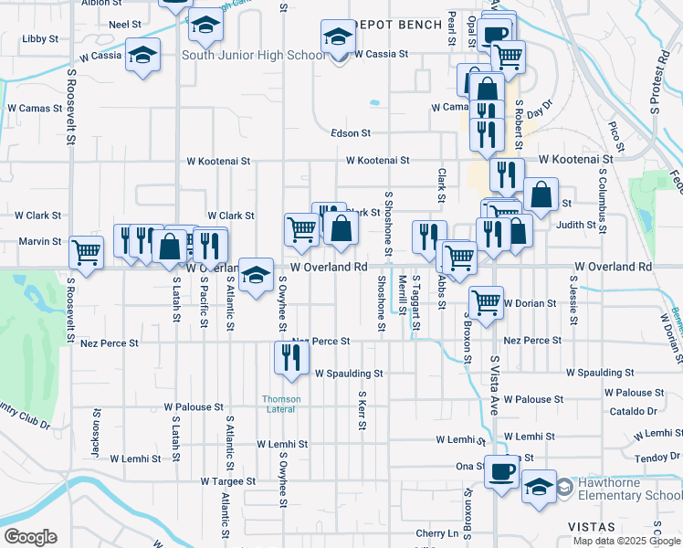 map of restaurants, bars, coffee shops, grocery stores, and more near 3204 West Overland Road in Boise