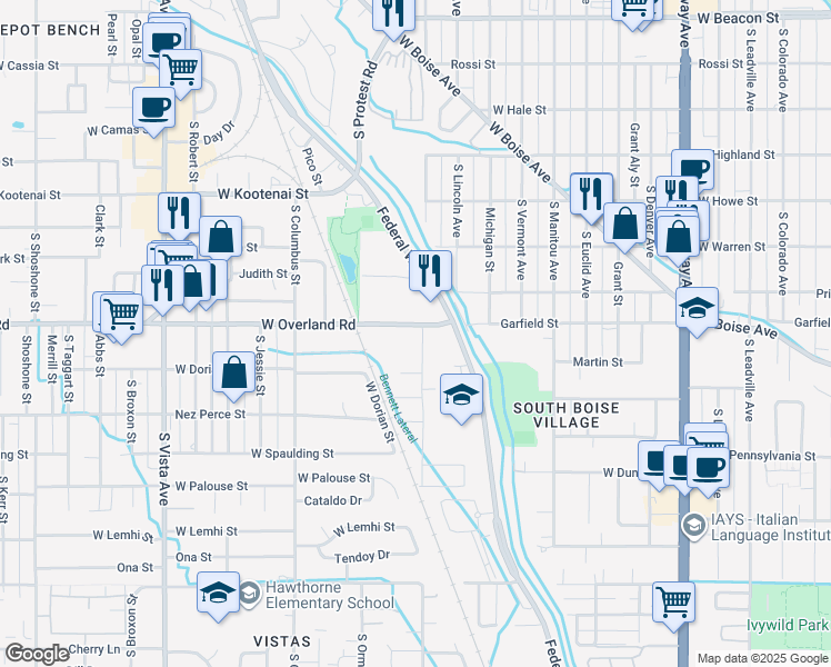 map of restaurants, bars, coffee shops, grocery stores, and more near 1800 West Overland Road in Boise