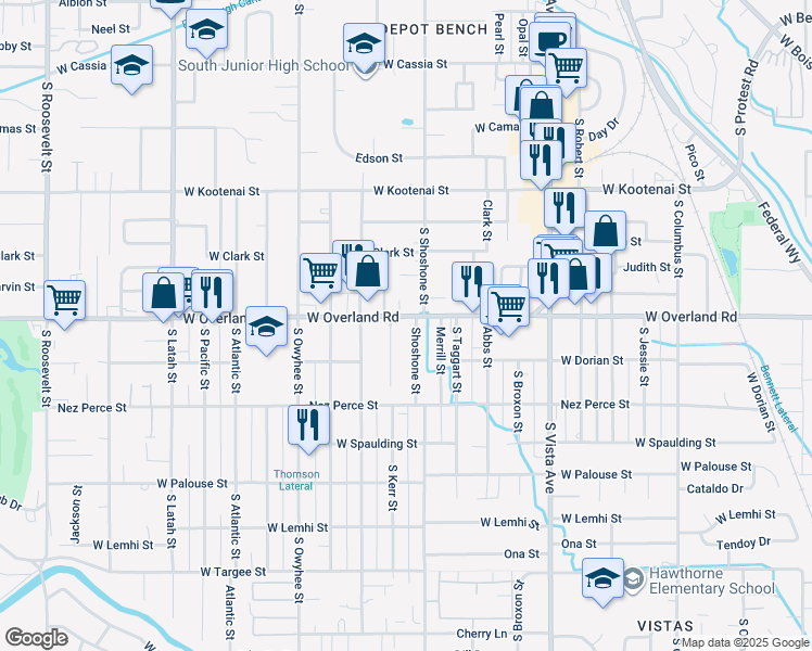 map of restaurants, bars, coffee shops, grocery stores, and more near 3018 West Overland Road in Boise