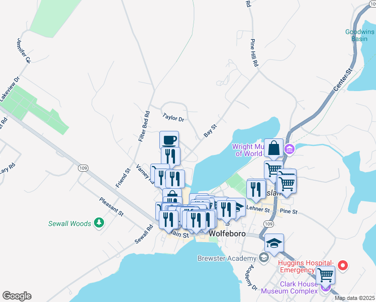 map of restaurants, bars, coffee shops, grocery stores, and more near 38 King Street in Wolfeboro