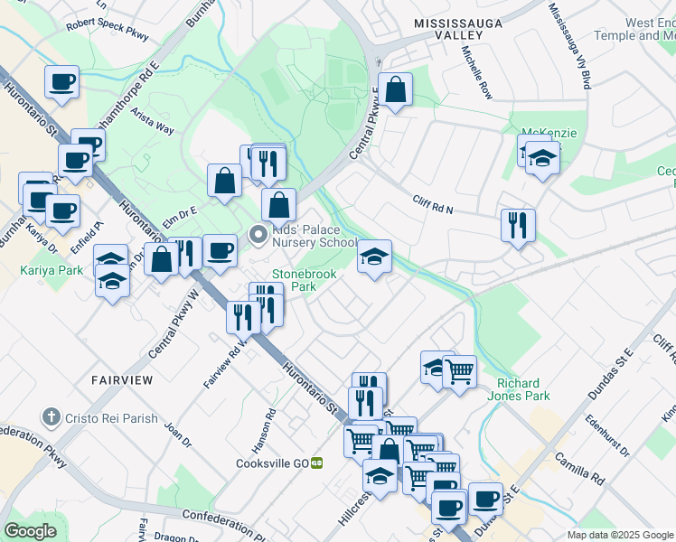 map of restaurants, bars, coffee shops, grocery stores, and more near 215 Mississauga Valley Boulevard in Mississauga