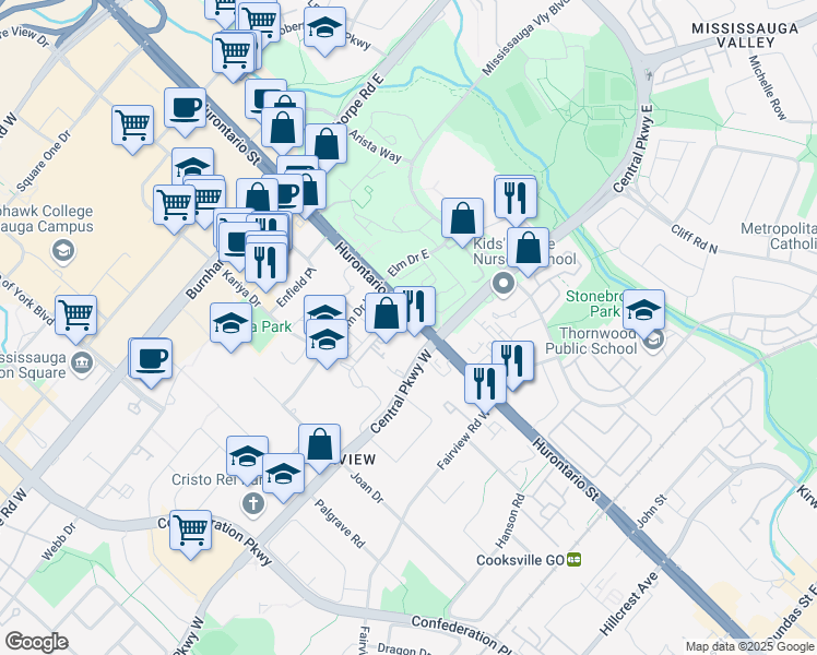 map of restaurants, bars, coffee shops, grocery stores, and more near in Mississauga