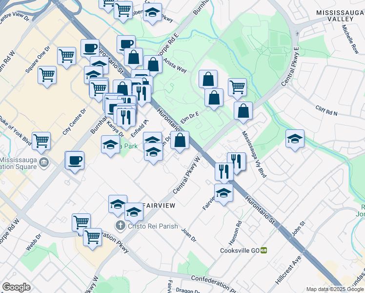 map of restaurants, bars, coffee shops, grocery stores, and more near 3504 Hurontario Street in Mississauga