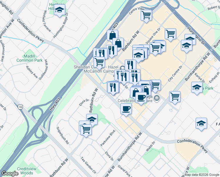 map of restaurants, bars, coffee shops, grocery stores, and more near in Mississauga
