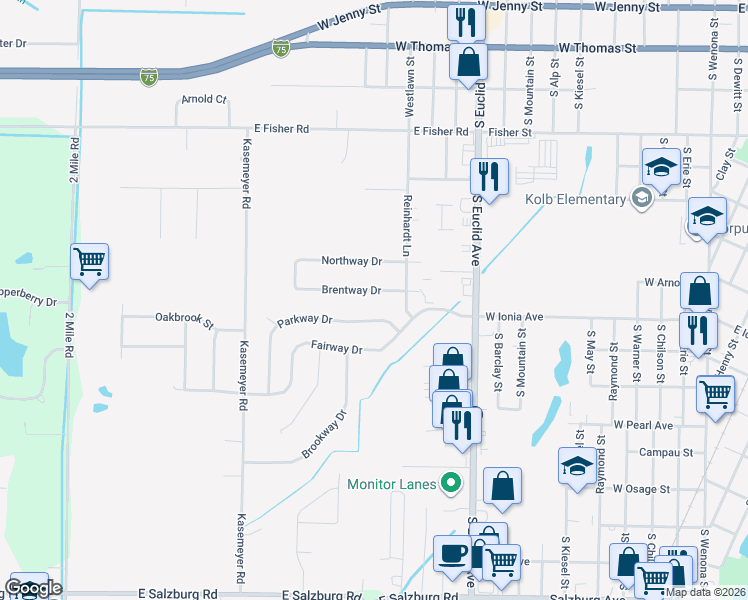 map of restaurants, bars, coffee shops, grocery stores, and more near 3375 Brentway Drive in Bay City
