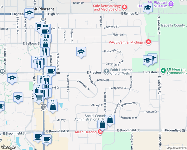map of restaurants, bars, coffee shops, grocery stores, and more near 1302 East Preston in Mount Pleasant
