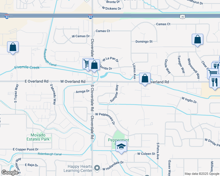 map of restaurants, bars, coffee shops, grocery stores, and more near 11975 West Overland Road in Boise