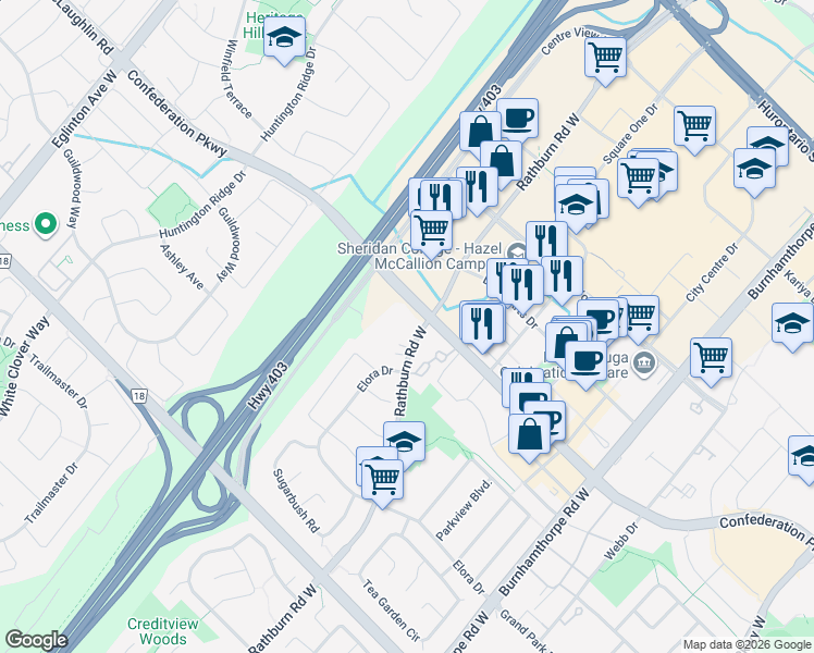 map of restaurants, bars, coffee shops, grocery stores, and more near 481 Rathburn Road West in Mississauga