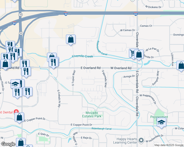 map of restaurants, bars, coffee shops, grocery stores, and more near 4225 East Overland Road in Meridian