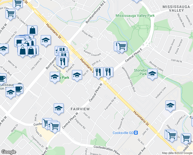 map of restaurants, bars, coffee shops, grocery stores, and more near in Mississauga