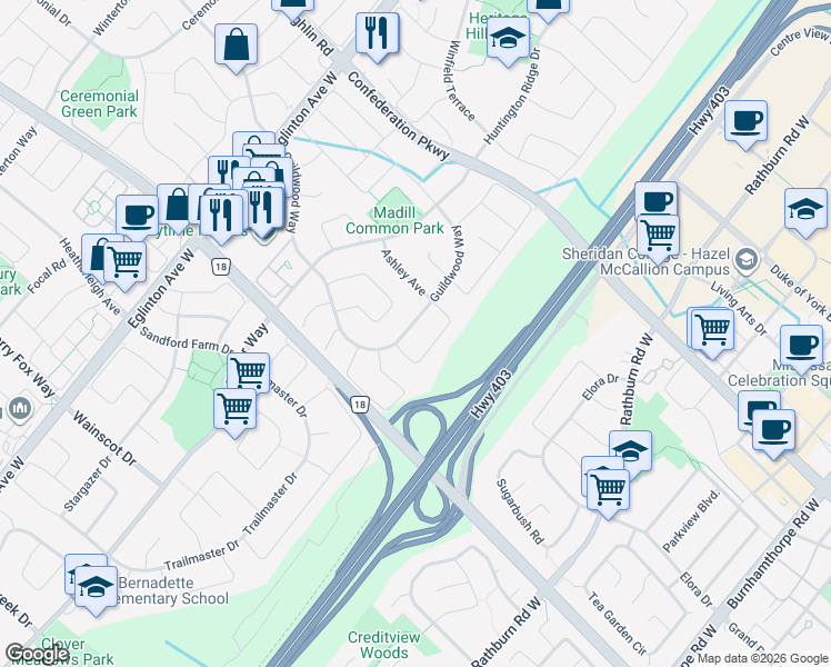 map of restaurants, bars, coffee shops, grocery stores, and more near in Mississauga