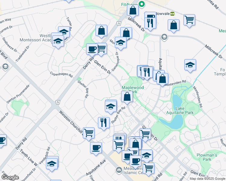 map of restaurants, bars, coffee shops, grocery stores, and more near 6860 Glen Erin Drive in Mississauga
