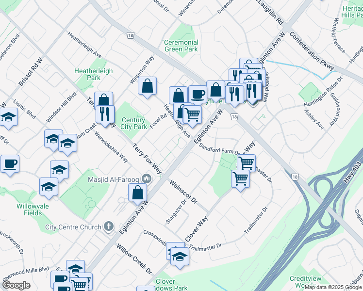 map of restaurants, bars, coffee shops, grocery stores, and more near 5030 Heatherleigh Avenue in Mississauga