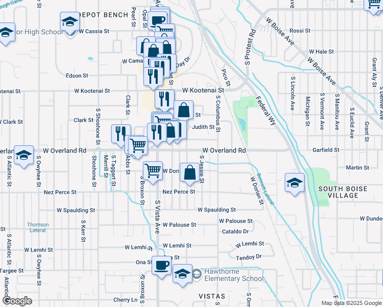 map of restaurants, bars, coffee shops, grocery stores, and more near 2316 West Overland Road in Boise
