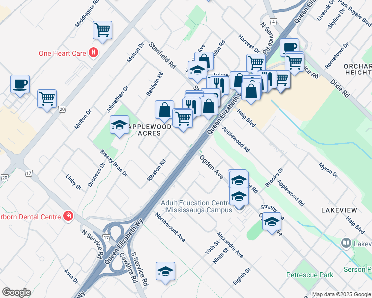 map of restaurants, bars, coffee shops, grocery stores, and more near 1077-1085 North Service Road in Mississauga