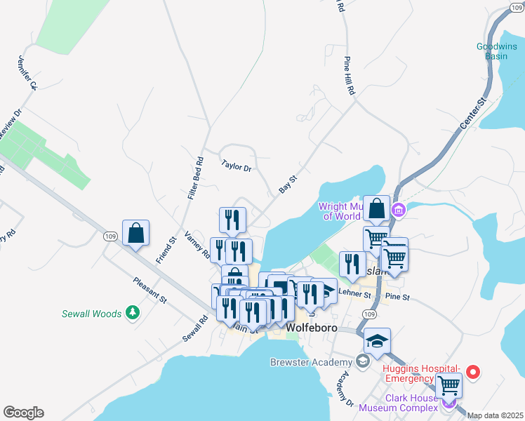 map of restaurants, bars, coffee shops, grocery stores, and more near 38 King Street in Wolfeboro