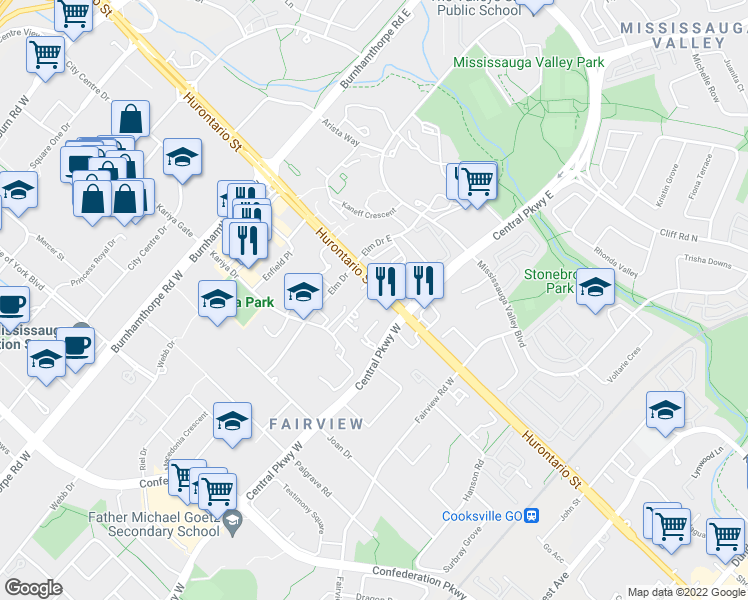 map of restaurants, bars, coffee shops, grocery stores, and more near 3504 Hurontario Street in Mississauga