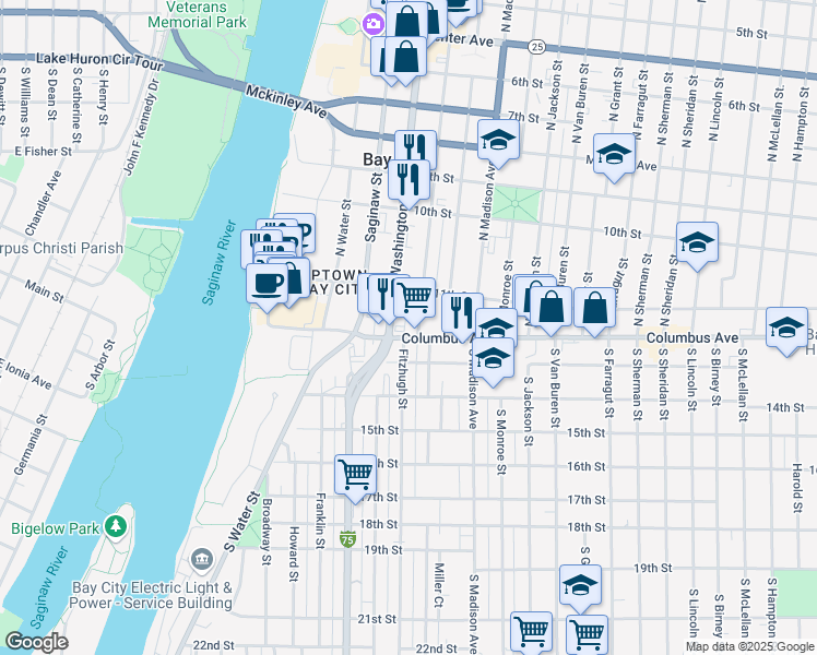 map of restaurants, bars, coffee shops, grocery stores, and more near 115 Washington Avenue in Bay City