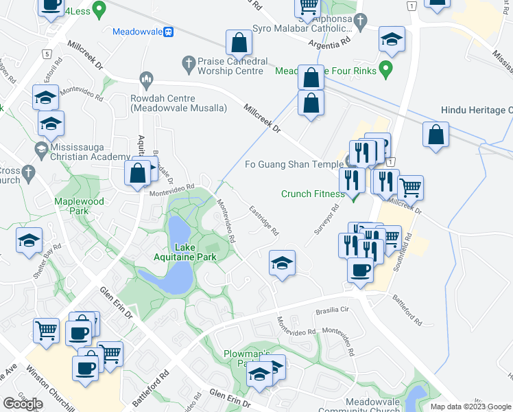 map of restaurants, bars, coffee shops, grocery stores, and more near 6585 Eastridge Road in Mississauga