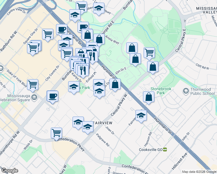 map of restaurants, bars, coffee shops, grocery stores, and more near 36 Elm Drive West in Mississauga
