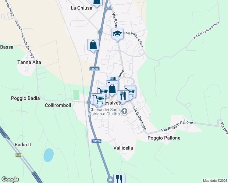 map of restaurants, bars, coffee shops, grocery stores, and more near 222 Via Roma in Collesalvetti
