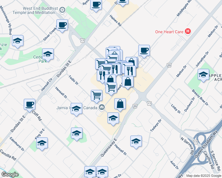 map of restaurants, bars, coffee shops, grocery stores, and more near 615 Orwell Street in Mississauga