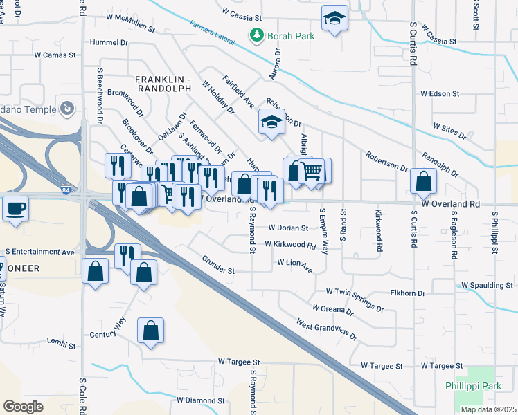 map of restaurants, bars, coffee shops, grocery stores, and more near 6573 West Overland Road in Boise