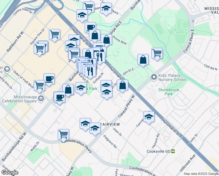 map of restaurants, bars, coffee shops, grocery stores, and more near in Mississauga