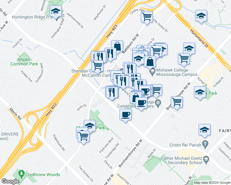 map of restaurants, bars, coffee shops, grocery stores, and more near in Mississauga