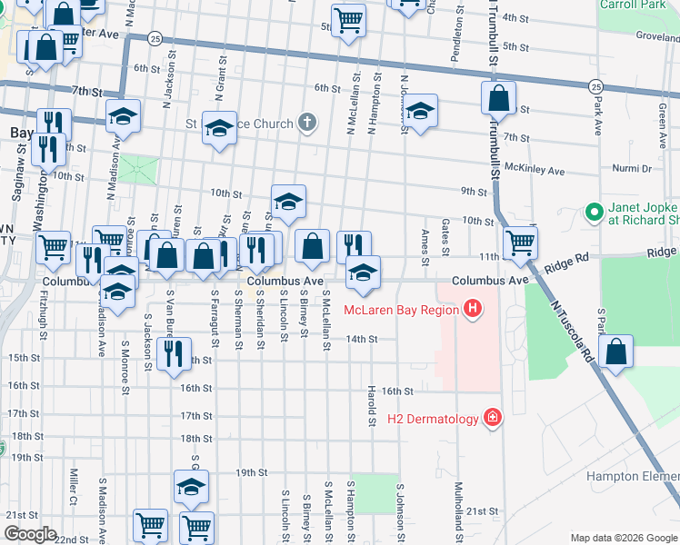 map of restaurants, bars, coffee shops, grocery stores, and more near 101-199 N Hampton St in Bay City