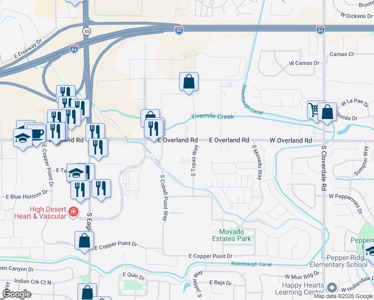 map of restaurants, bars, coffee shops, grocery stores, and more near 3875 East Overland Road in Meridian