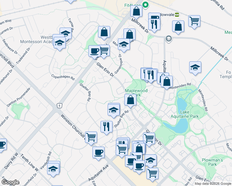 map of restaurants, bars, coffee shops, grocery stores, and more near 6860 Glen Erin Drive in Mississauga
