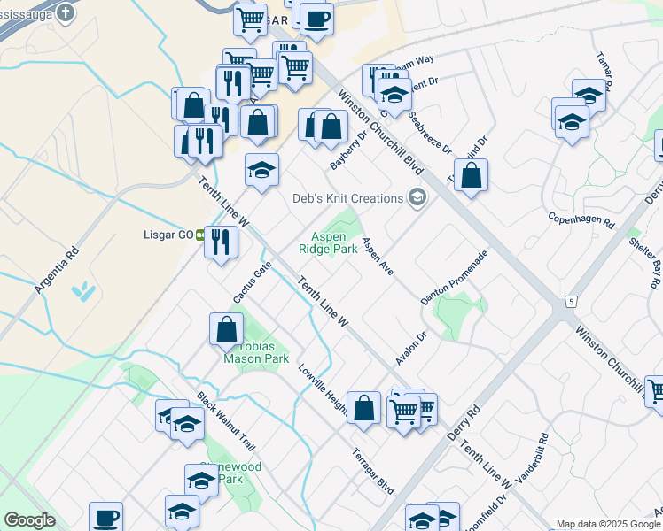 map of restaurants, bars, coffee shops, grocery stores, and more near 7267 Aldercrest Drive in Mississauga