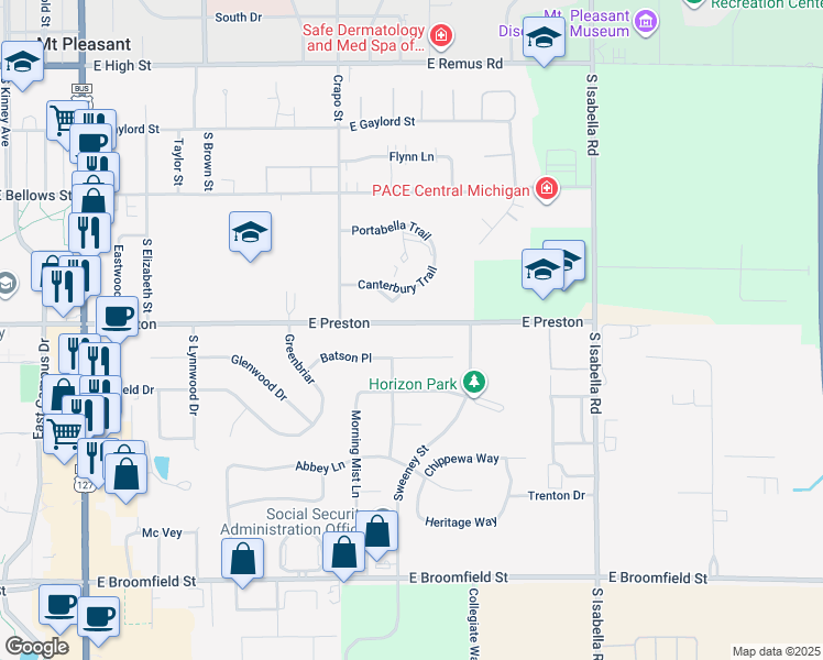 map of restaurants, bars, coffee shops, grocery stores, and more near 1512 East Preston in Mount Pleasant