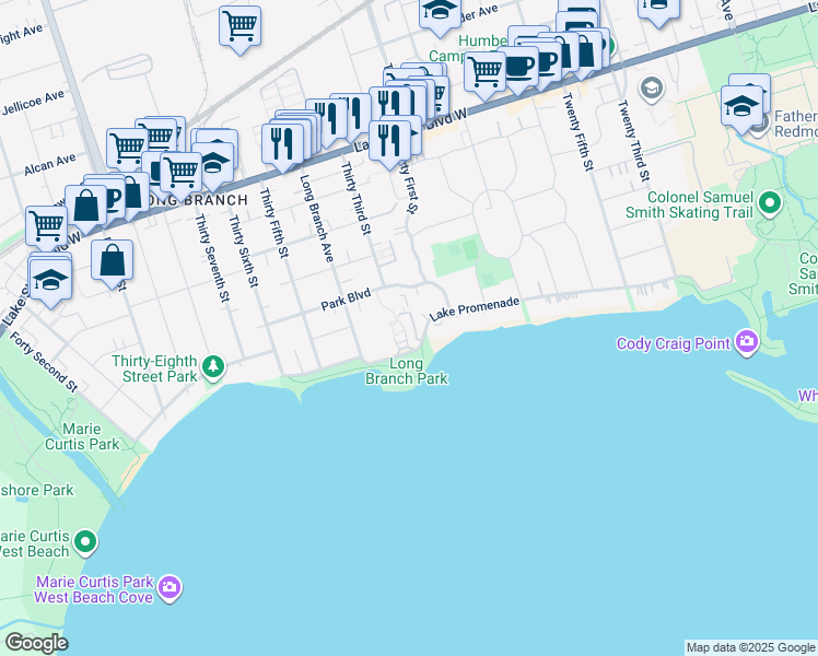 map of restaurants, bars, coffee shops, grocery stores, and more near 220 Lake Promenade in Toronto