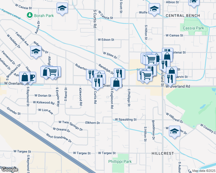 map of restaurants, bars, coffee shops, grocery stores, and more near 5613W West Overland Road in Boise