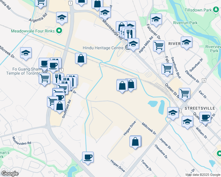 map of restaurants, bars, coffee shops, grocery stores, and more near 6275 Millcreek Drive in Mississauga