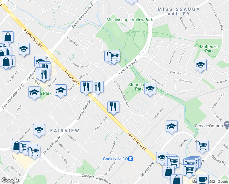 map of restaurants, bars, coffee shops, grocery stores, and more near 50 Mississauga Valley Boulevard in Mississauga