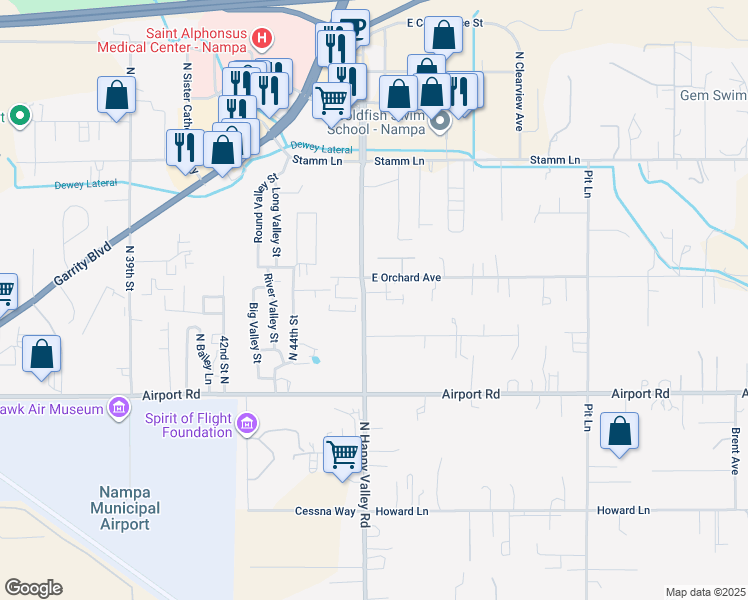 map of restaurants, bars, coffee shops, grocery stores, and more near 604 North Happy Valley Road in Nampa