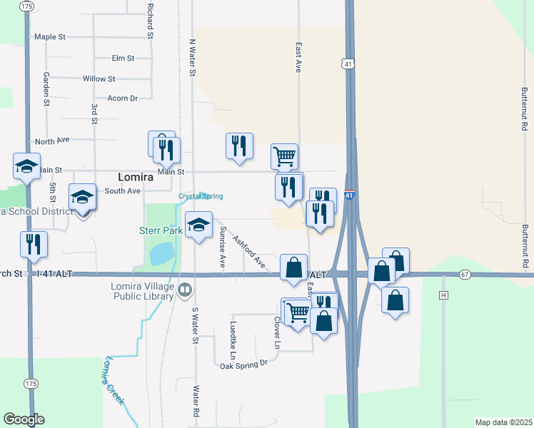 map of restaurants, bars, coffee shops, grocery stores, and more near 400 Grove Street in Lomira