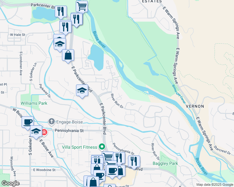 map of restaurants, bars, coffee shops, grocery stores, and more near 1909 Lake Heron Lane in Boise