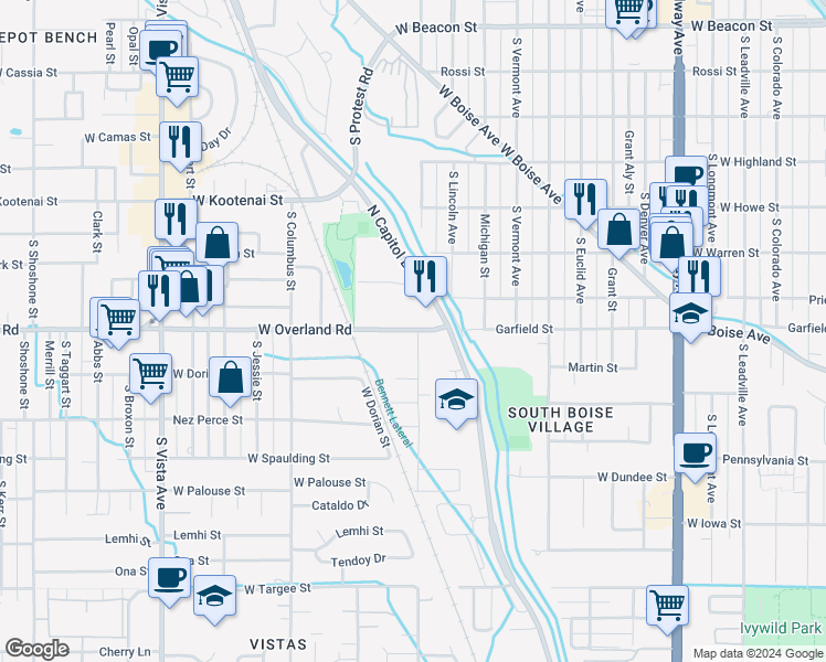 map of restaurants, bars, coffee shops, grocery stores, and more near 1800 West Overland Road in Boise