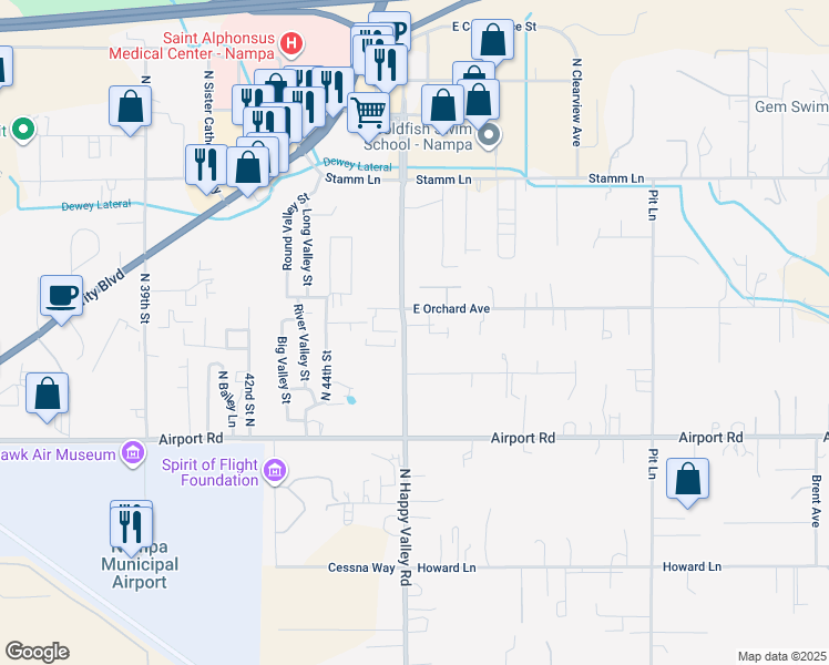 map of restaurants, bars, coffee shops, grocery stores, and more near 604 North Happy Valley Road in Nampa