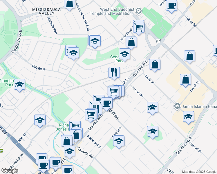map of restaurants, bars, coffee shops, grocery stores, and more near 2491 Hensall Street in Mississauga