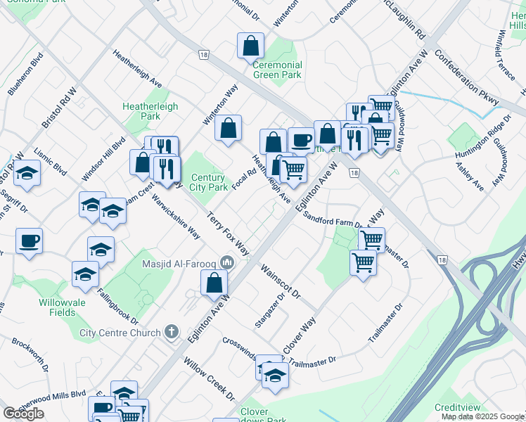 map of restaurants, bars, coffee shops, grocery stores, and more near 934 Binscarth Drive in Mississauga