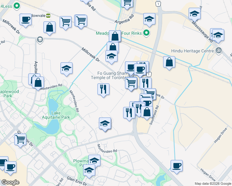 map of restaurants, bars, coffee shops, grocery stores, and more near 2445 Surveyor Road in Mississauga