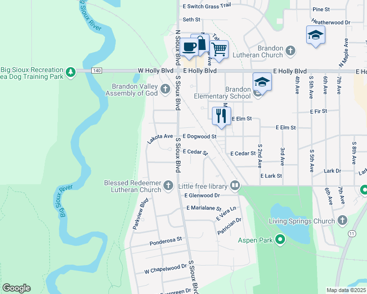 map of restaurants, bars, coffee shops, grocery stores, and more near 100 East Cedar Street in Brandon