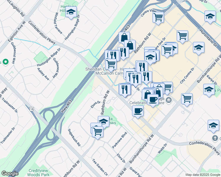 map of restaurants, bars, coffee shops, grocery stores, and more near in Mississauga