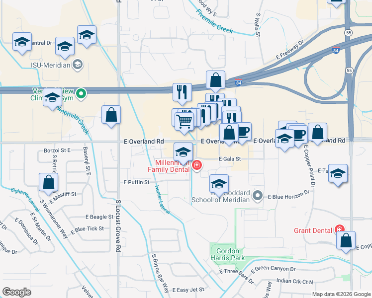 map of restaurants, bars, coffee shops, grocery stores, and more near 2045 E Overland Rd in Meridian
