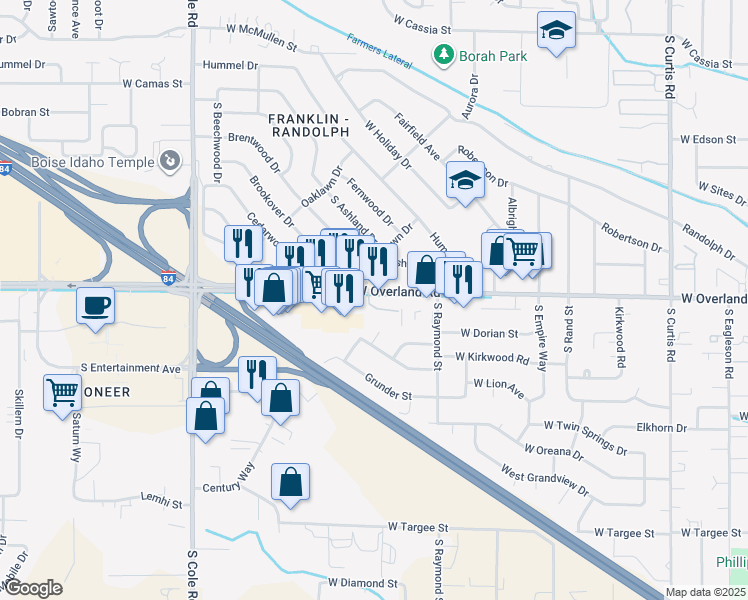 map of restaurants, bars, coffee shops, grocery stores, and more near 6803 West Overland Road in Boise